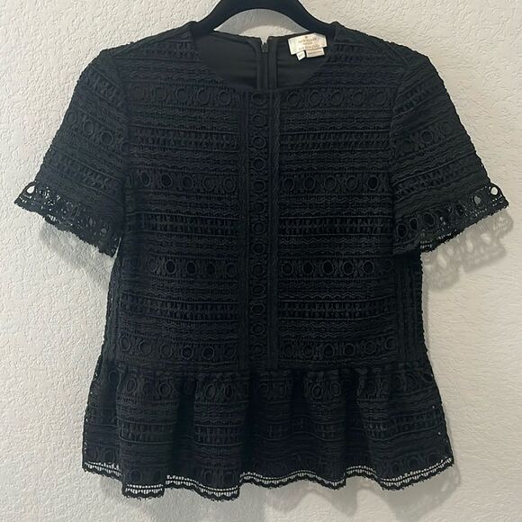kate spade Tops - KATE SPADE Black Peplum Lace Blouse, Size XXS (Fits XXS/XS/S)